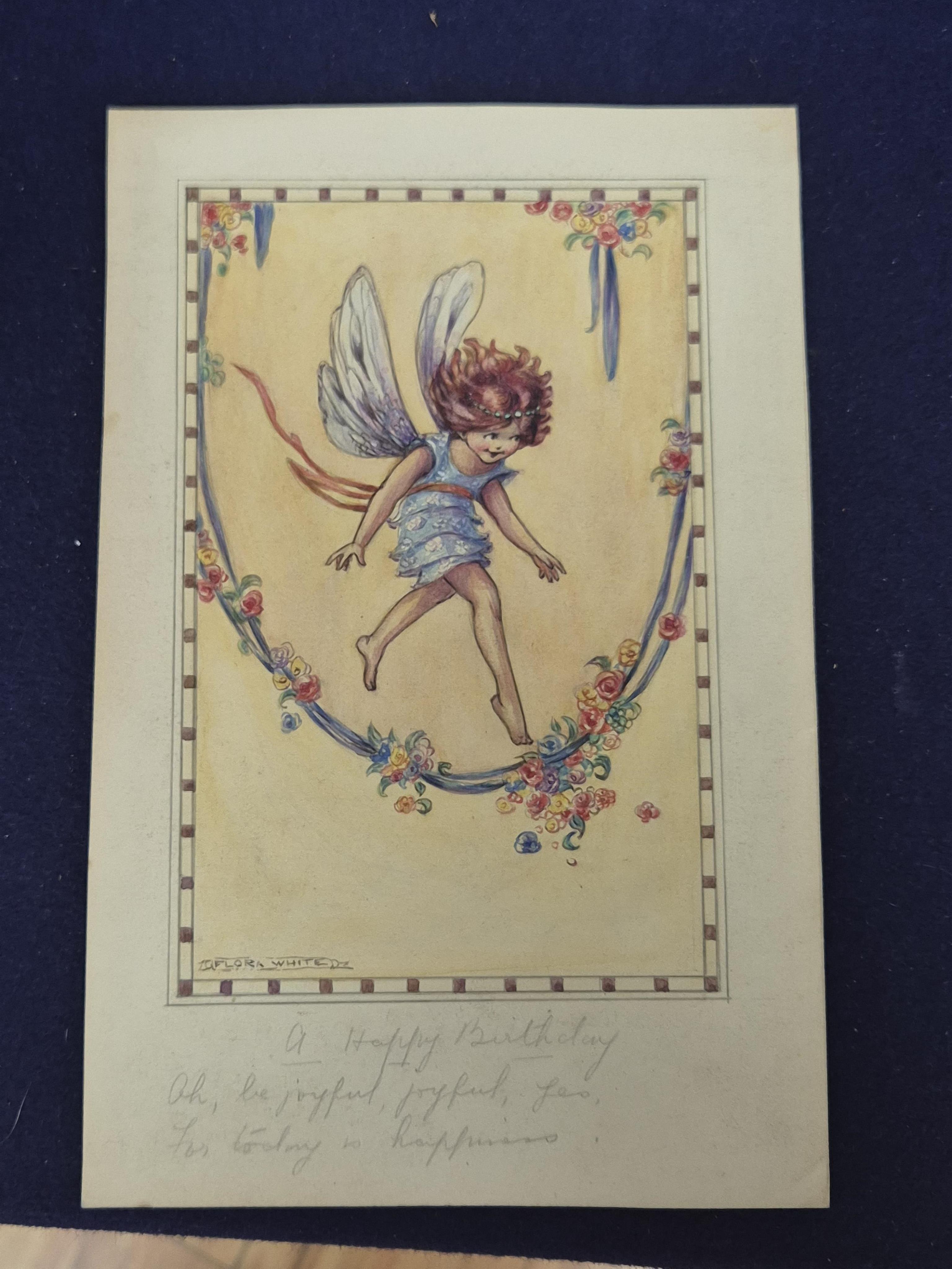 Flora White (Early 20th. C), Set of six original watercolours for children's birthday cards, Flower Fairies, each signed, inscribed in pencil, 23 x 14cm